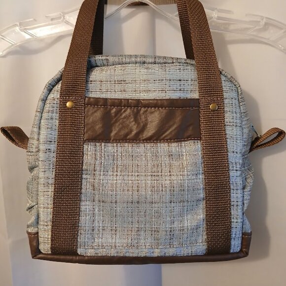 New Modern Crosshatch Saddle Double handle Satchel Purse Shoulder Bag Brown Blue - Picture 2 of 8